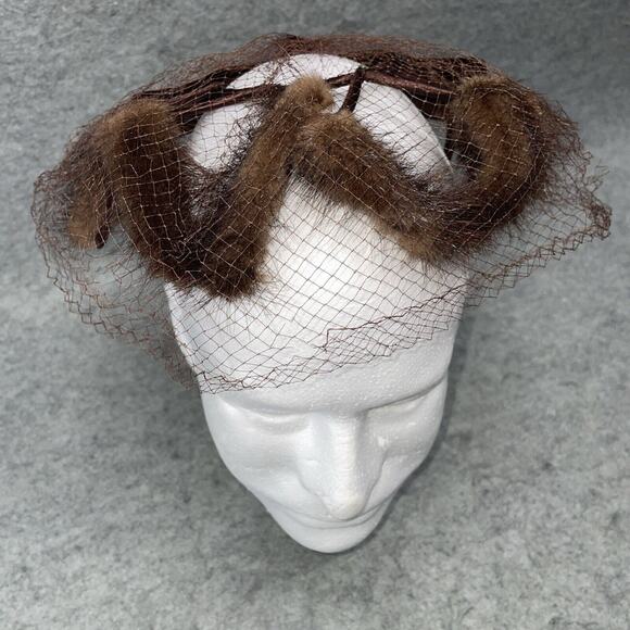 Vintage 1960s Brown Satin Bow Fascinator Hat with a Flocked Veil, Whimsical Mini - Picture 1 of 4